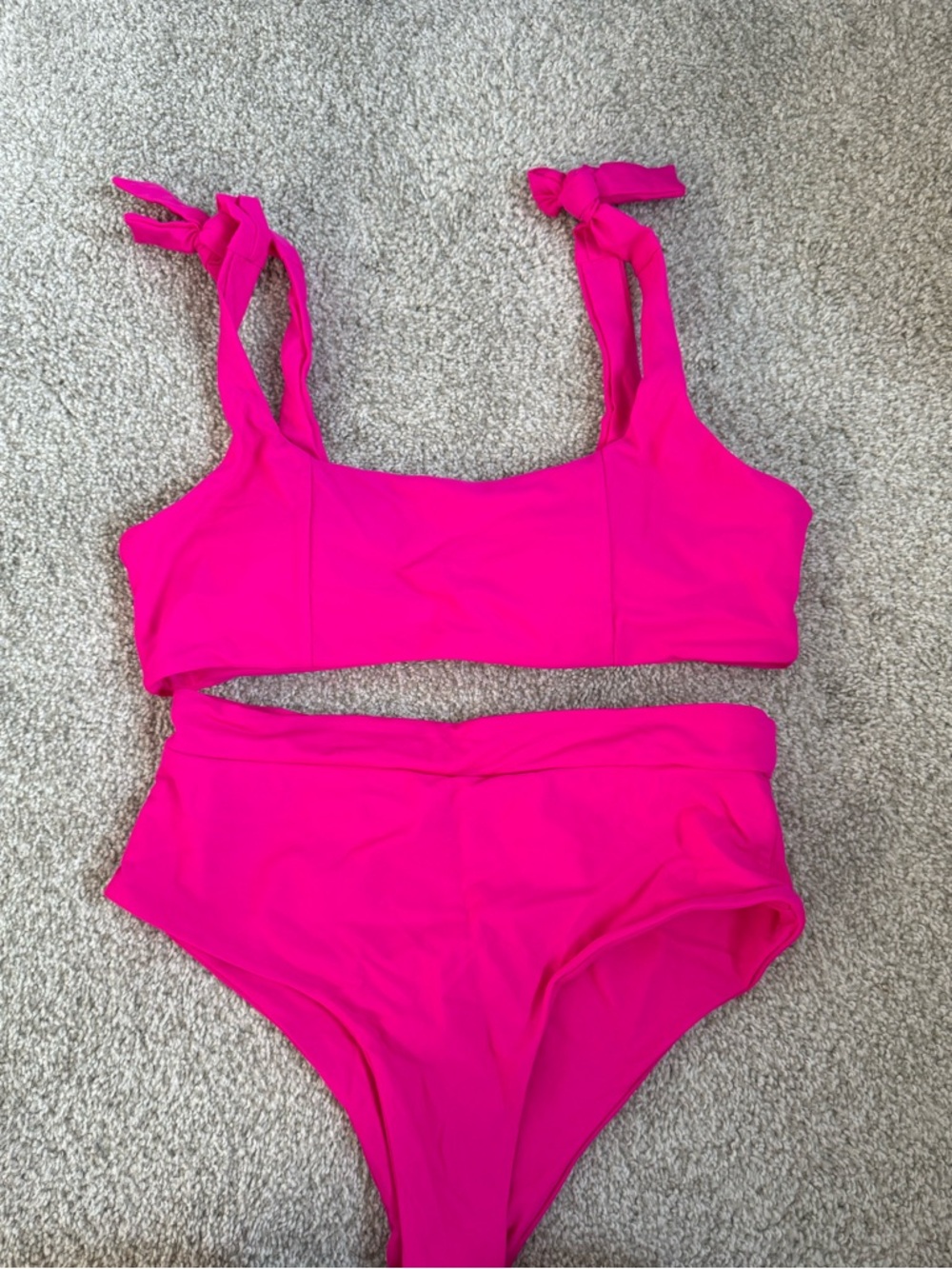Hot Pink Tie-Shoulder High-Waist Bikini Set Large